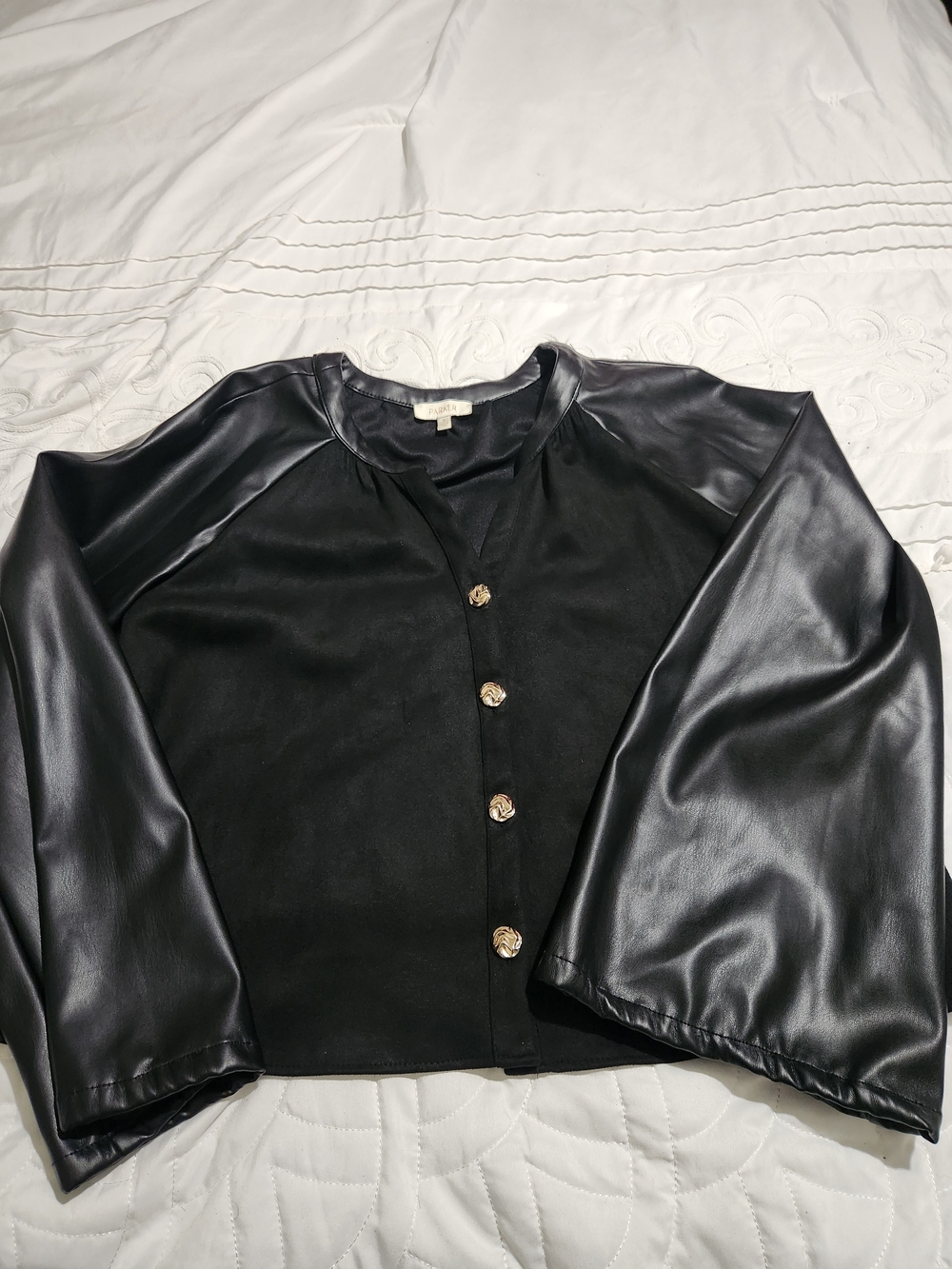 Parker Black Jacket with Faux Leather Sleeves and Gold Buttons